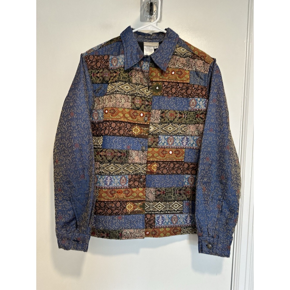 VTG 90s Coldwater Creek SzM Tapestry Boho Bandana Metal Mirror Appliqué Shacket